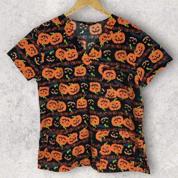 Halloween Pumpkin Scrub Top Orange Black Size Large Just Love Tee V-Neck Top L - Picture 3 of 10